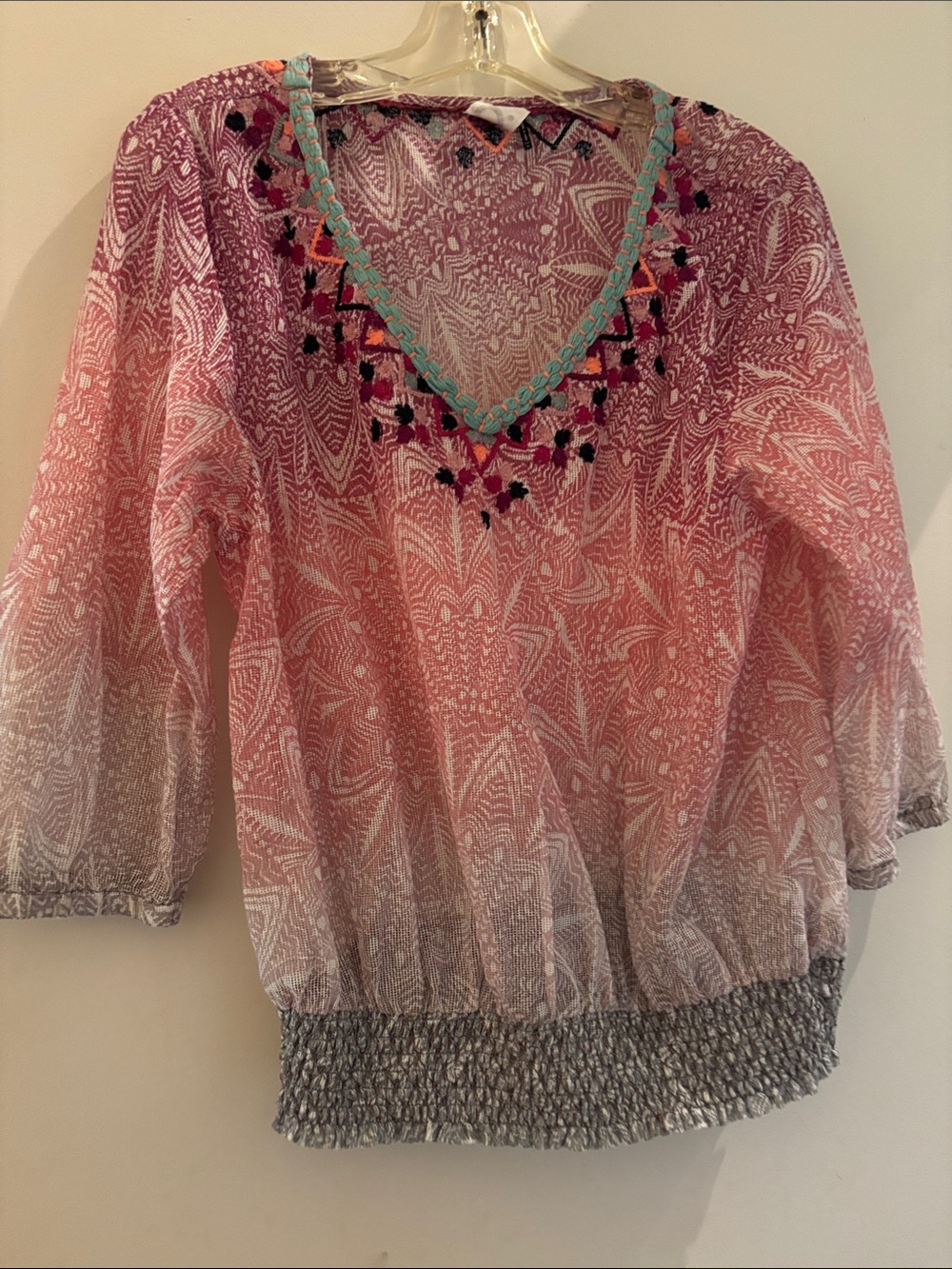 Akemi + Kin Anthropologie Embroidered Ombre V-Neck Peasant Top in Pink
